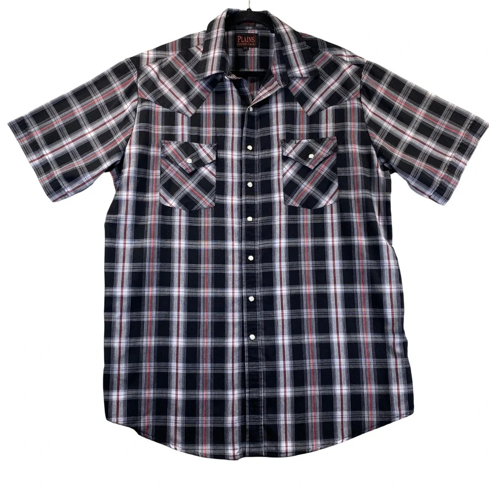 Plains Western Wear Men Large Tall Pearl Snap Shirt Short Sleeve Plaid Black Red